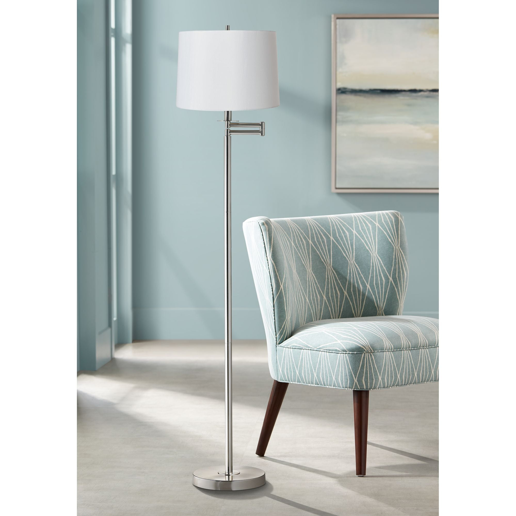 360 Lighting Modern Swing Arm Floor Lamp 60.5" Tall Brushed Nickel White Hardback Drum Shade for Living Room Reading Bedroom Office