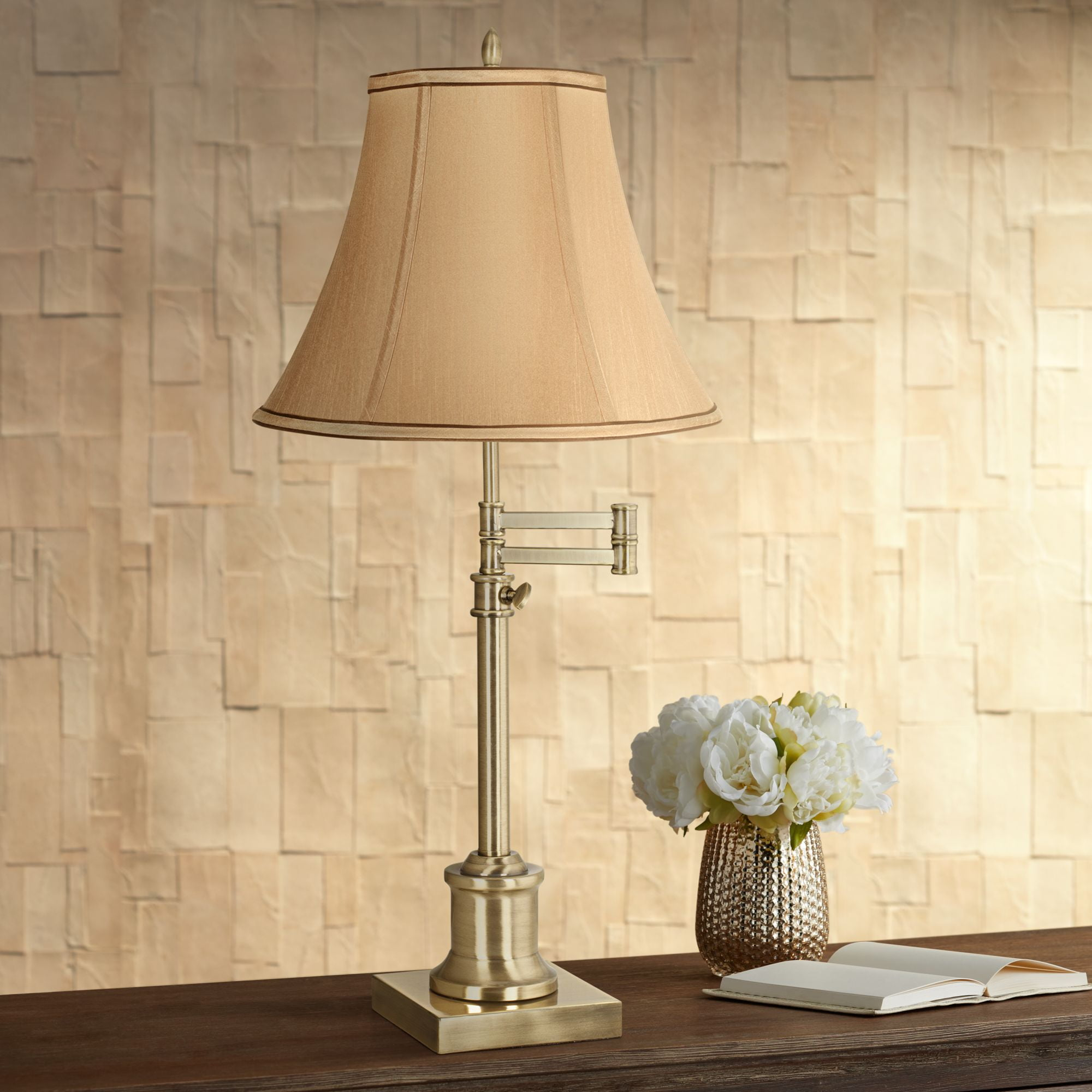 360 Lighting Traditional Swing Arm Desk Table Lamp Adjustable Height 36" Tall Antique Brass Tan Fabric Bell Shade for Living Room Bedroom