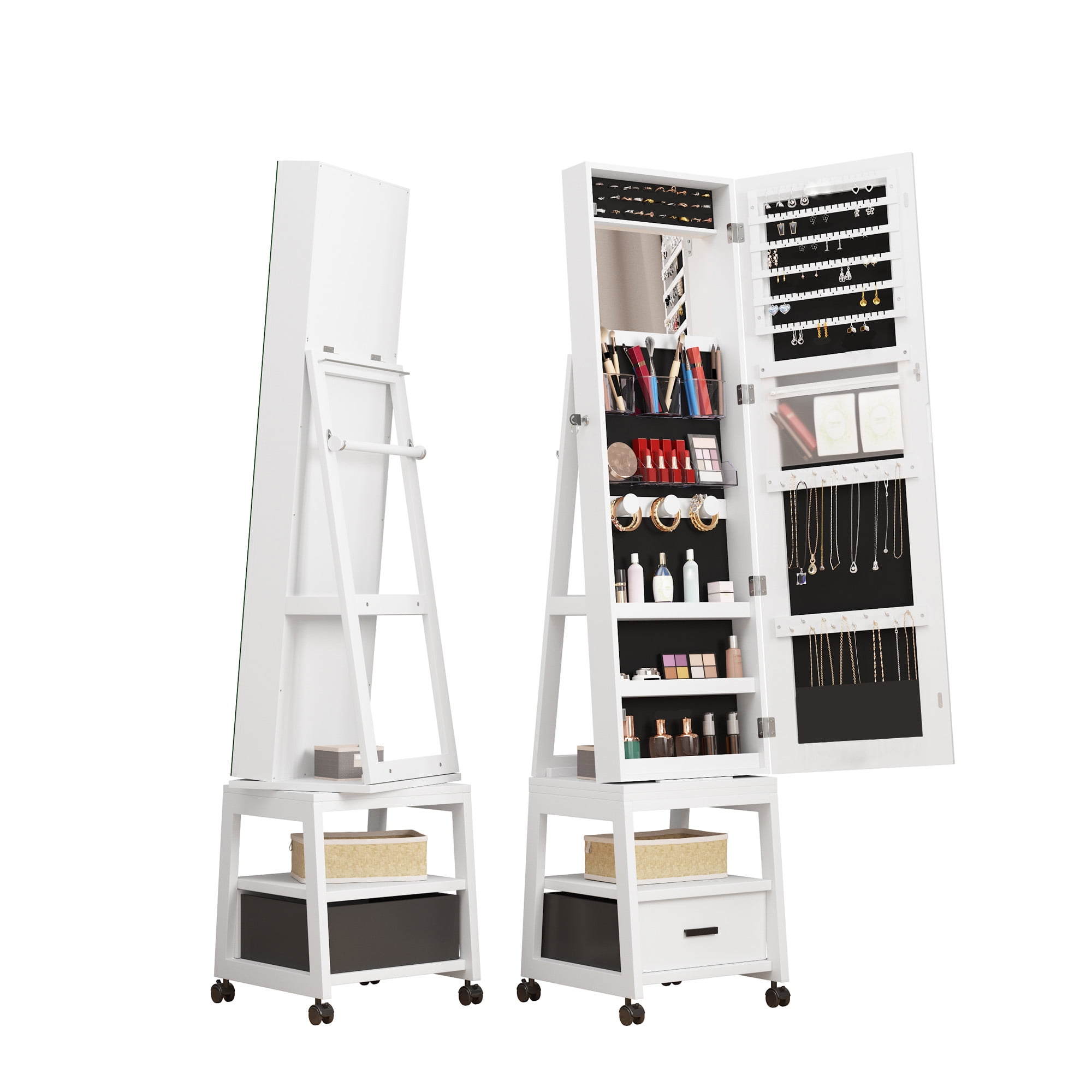 360°Swivel Jewelry Cabinet,Lockable Standing Jewelry Armoire with Mirror, Drawer and Wheels,Floor Dressing Mirror with Hidden Jewelry Storage for Bedroom, Dressing Room Clamshell