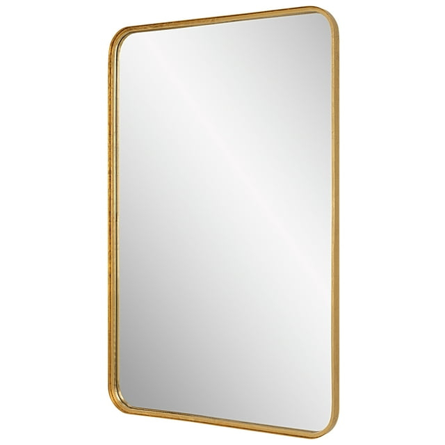 38 Inch Wood Wall Mirror, Metal Frame, Rounded Corners, Gold, Saltoro Sherpi