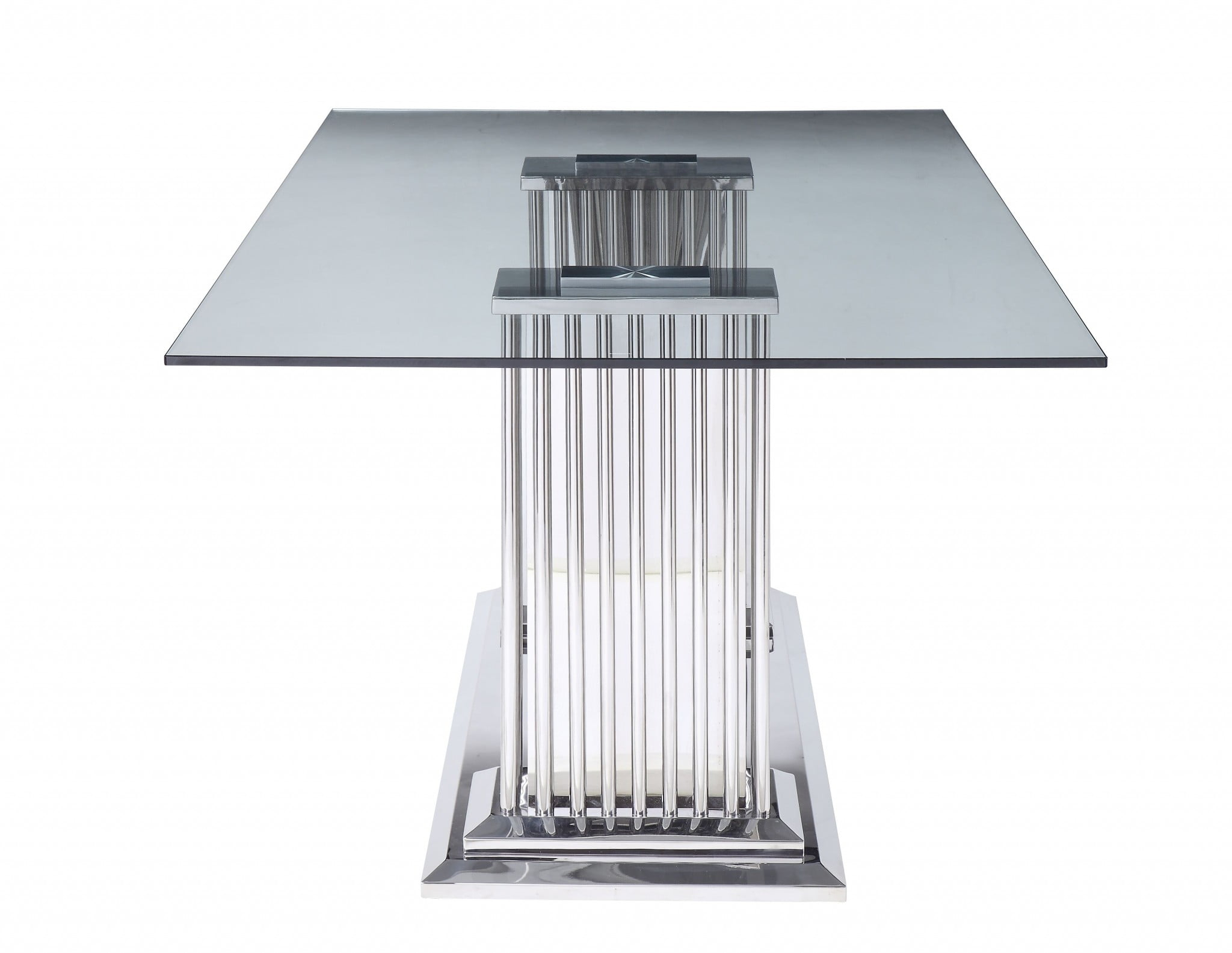 39" X 79" X 30" Stainless Steel Clear Glass Mirror Dining Table wDouble Pedestal