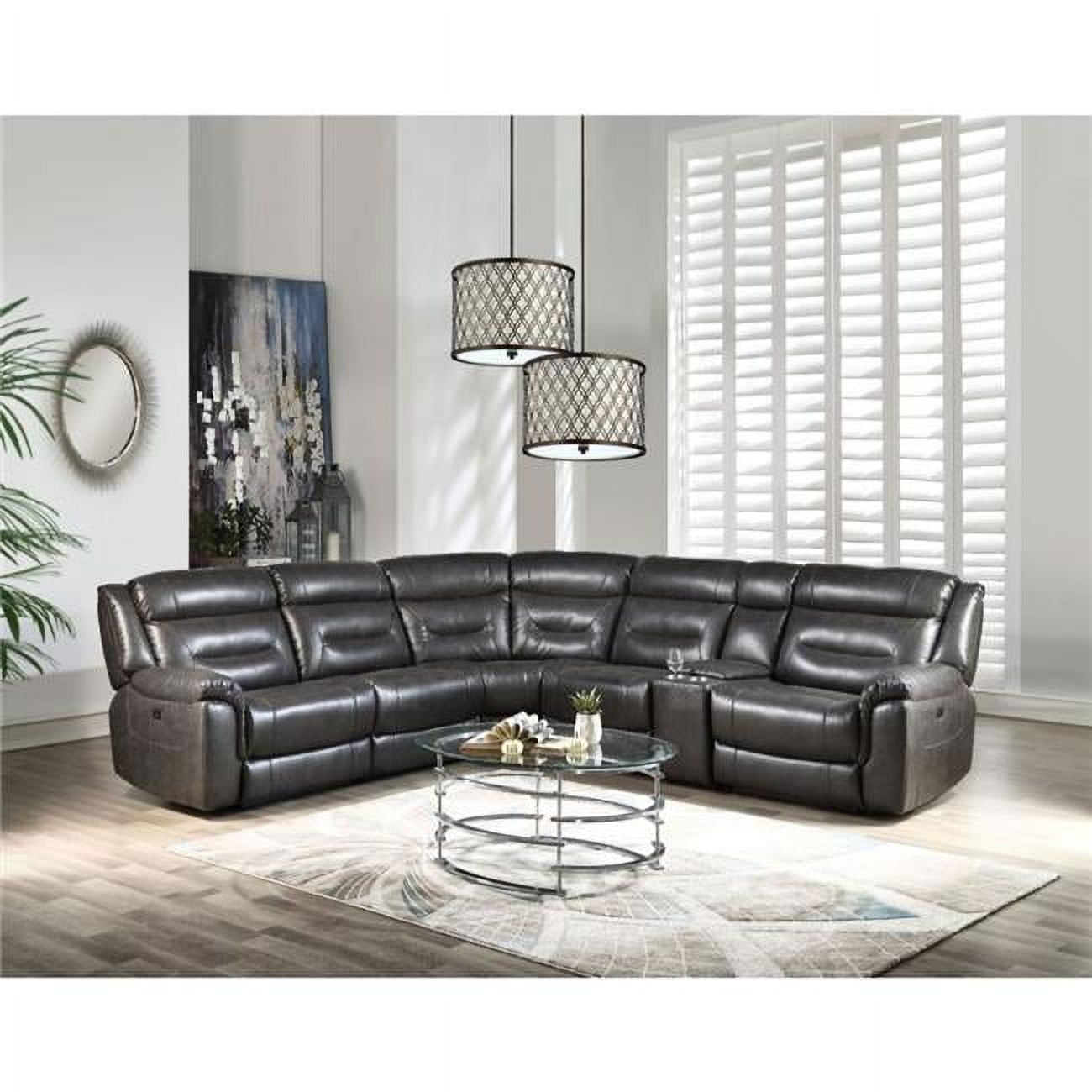 ACME Imogen Sectional Sofa (Power Motion/USB Port), Gray Leather-Aire