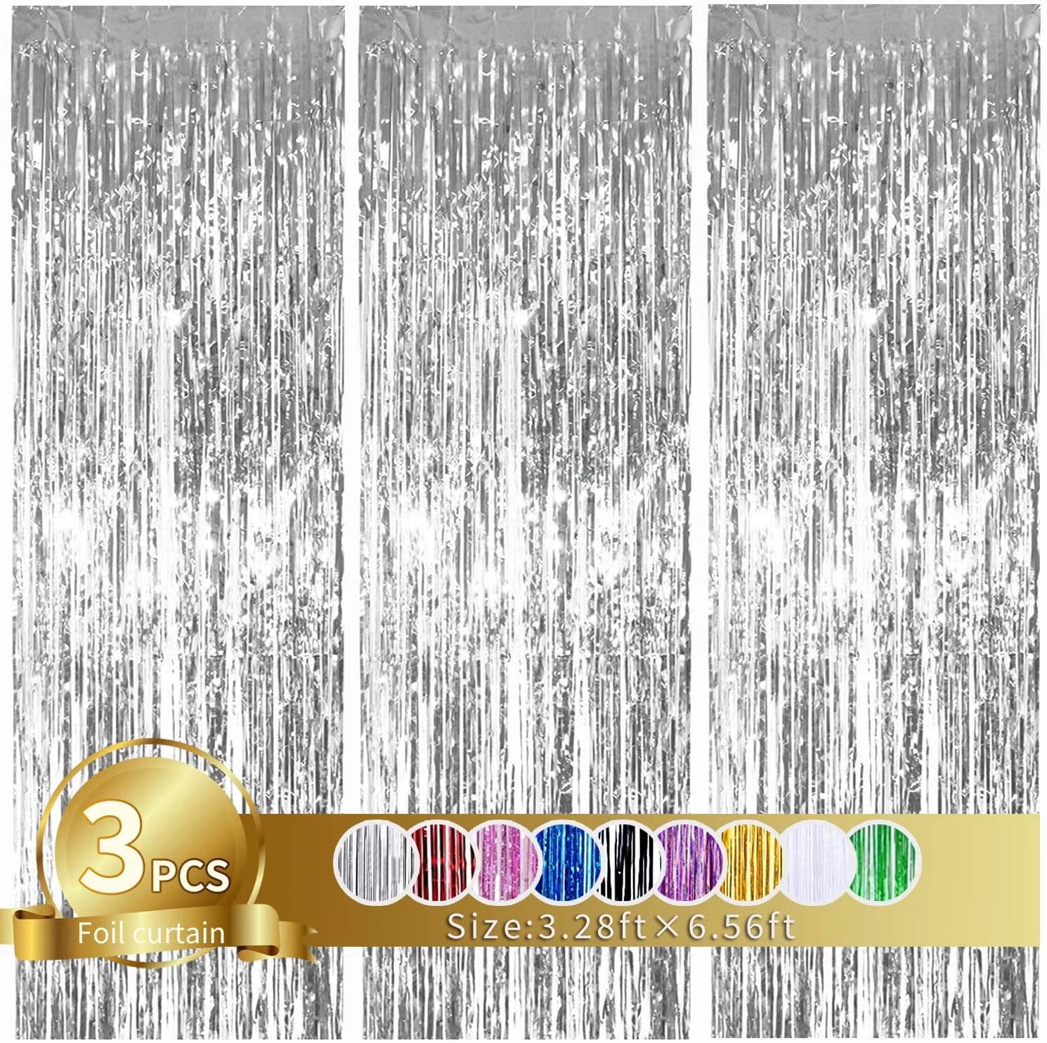 TONIFUL 3Pcs Silver Metallic Tinsel Foil Fringe Curtains,3.28ft x 6.56ft Silver Photo Booth Backdrop Streamer Curtain,Great for Bachelorette,Birthday,Christmas,New Year Party Decorations