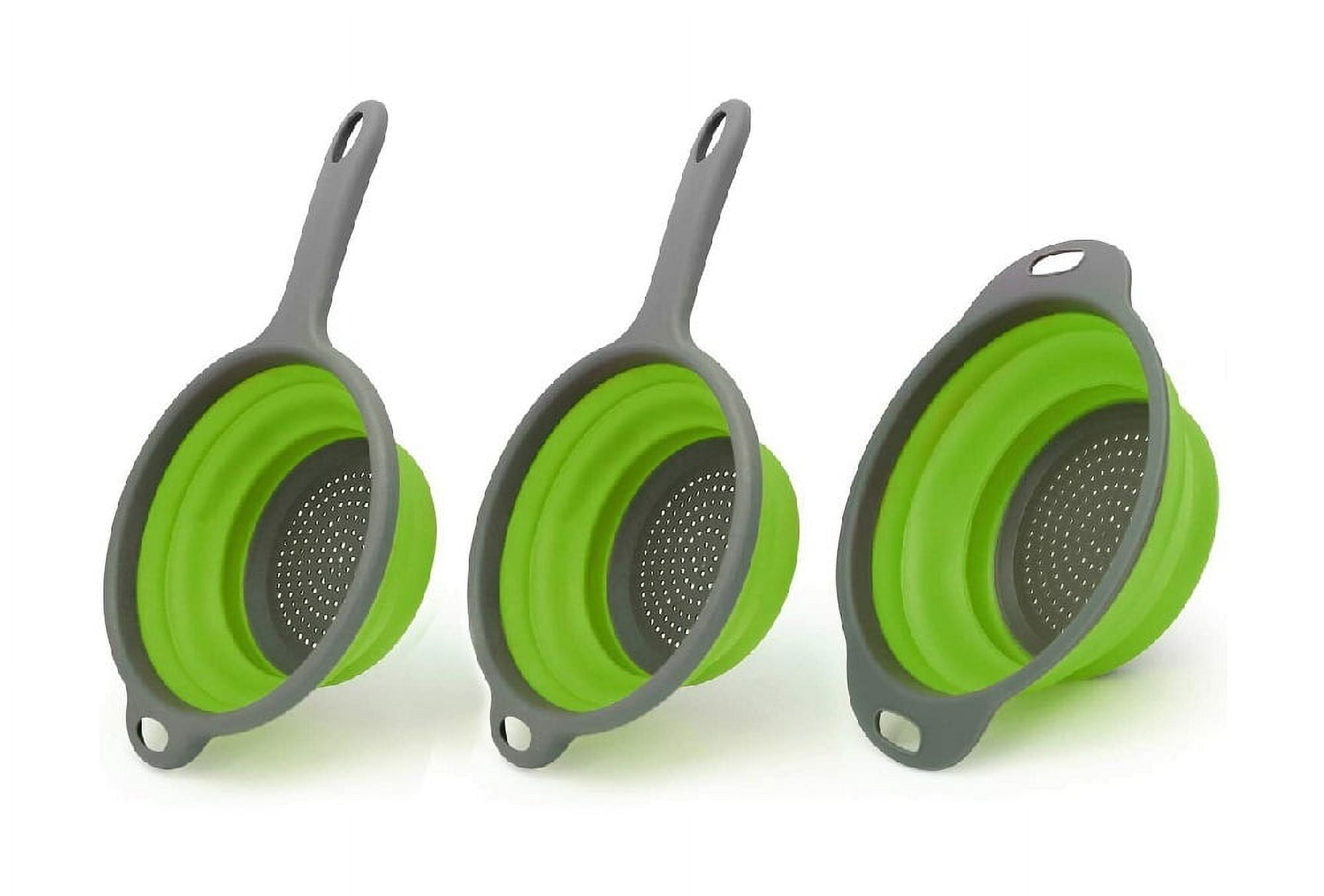 Set of 3 Collapsible Colanders, Kitchen Foldable Strainer with Sturdy Plastic Base, Best for Rinsing or Draining Pasta, Vegetables and Fruits-Green