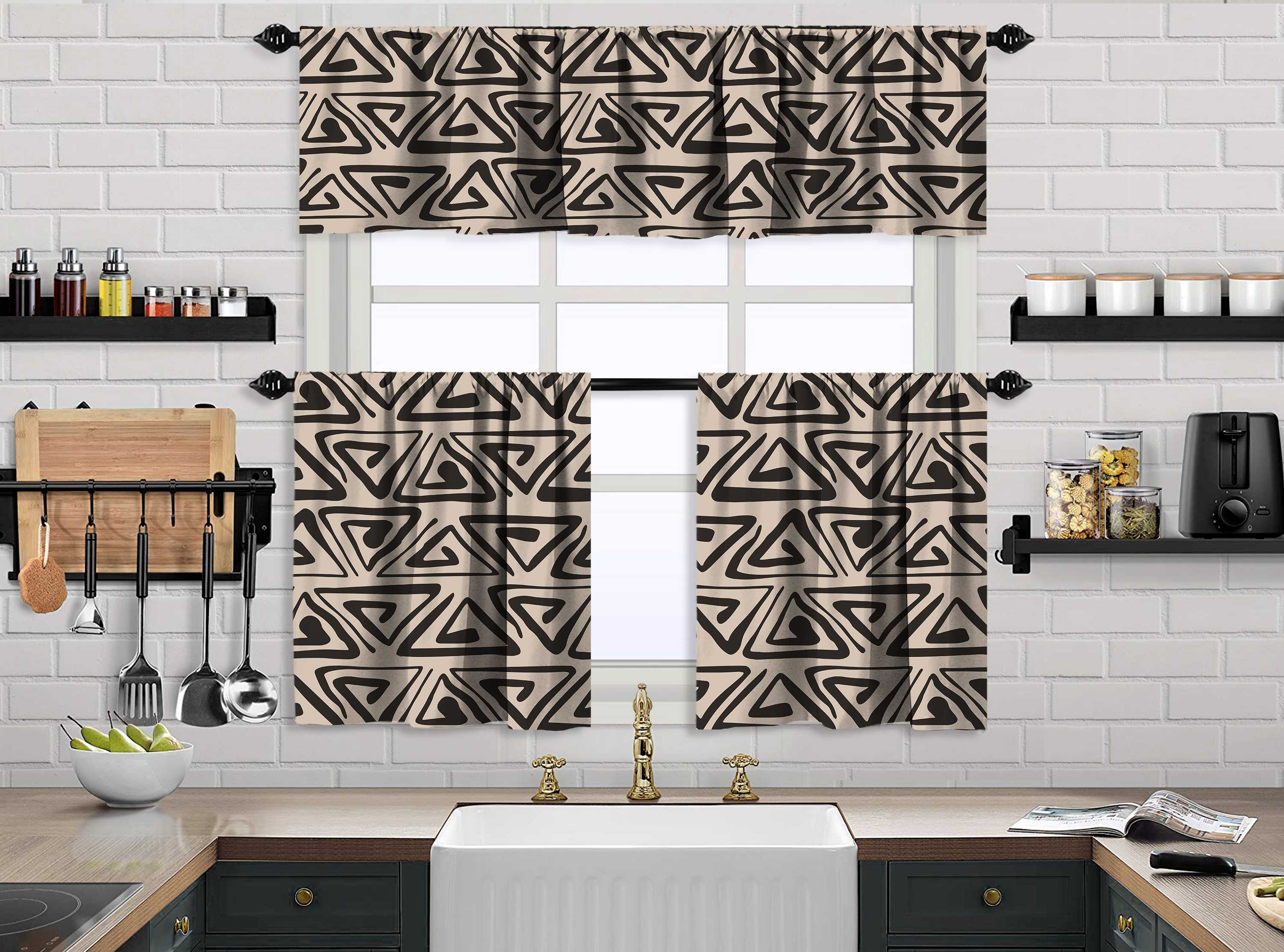 Boho Design Kitchen Valance (50X14) And 2 Tiers Cafe Curtains