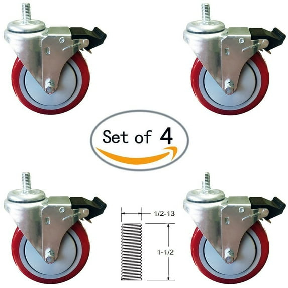 4 Inch Red Polyurethane Total Lock Caster Set of 4