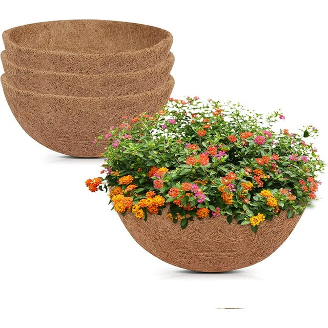 4 PCS Round Flower Pot Coconut Basket,Casewin Hanging Basket Coco Liner Natural Coconut Planter Basket Liner for Hanging Baskets at Indoor Outdoor Garden Porch Balcony (14 Inch)