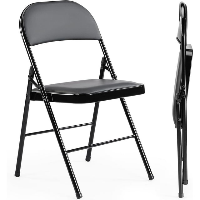 4 Pack Folding Chairs with Leather Padded Cushion Seats & Durable Metal Frame, Comfortable, Foldable, Portable, Commercial Event Seat, Indoor Outdoor for Parties, Home, Office, Black