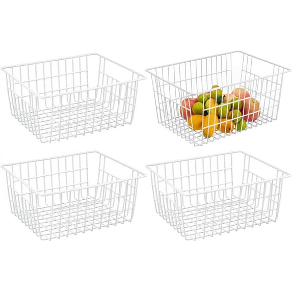 4 Pack Metal Wire Food Storage Basket for Kitchen, Decorative Baskets for Shelves, Basket Organizer with Handles, Large Bathroom Decor Organizer for Organizing,Household Pantry Baskets,White