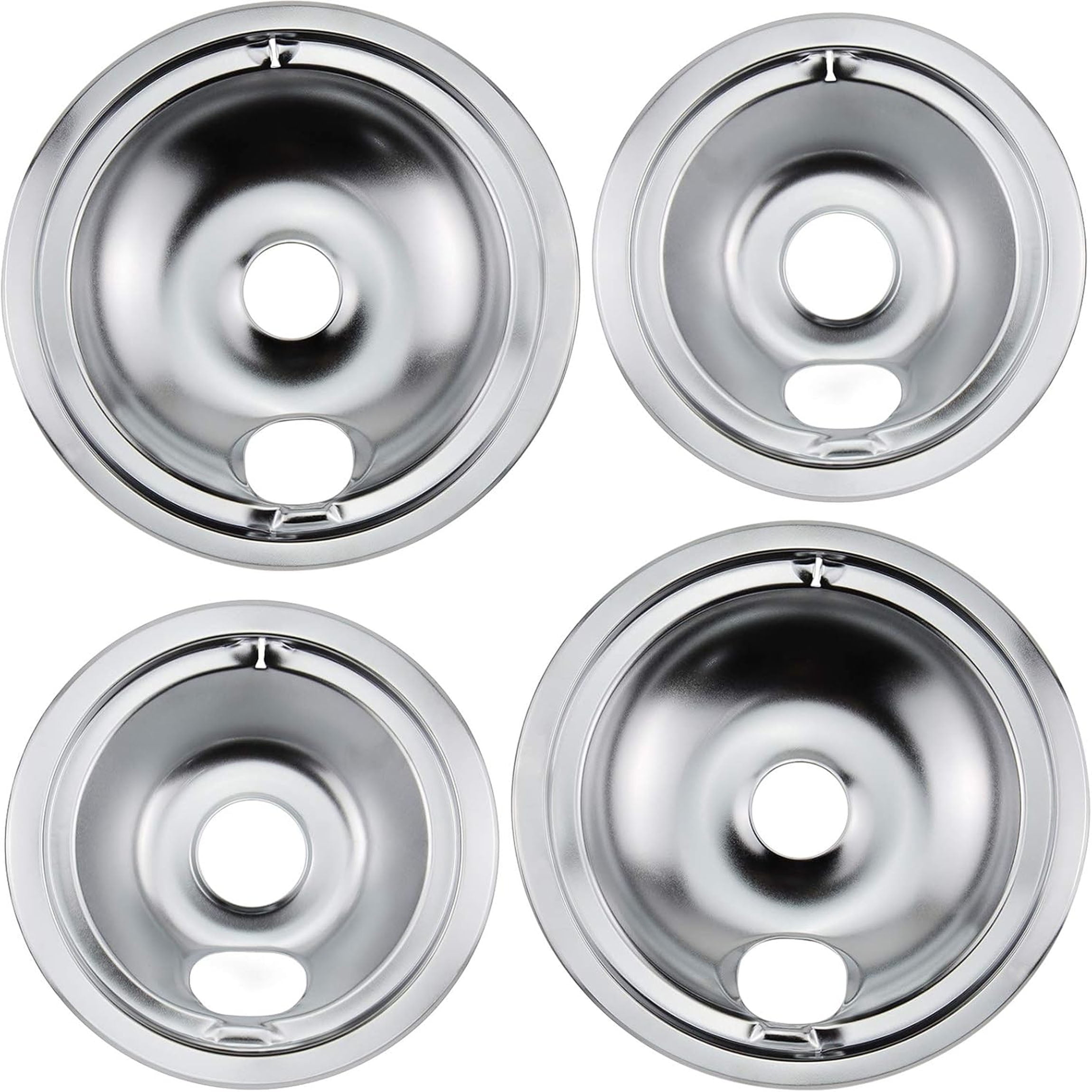 4 Pcs Stove Burner Drip Pans Chrome Replacement for Whirlpool Amana Maytag Magic-Chef Kenmore GE Electric Range  2 x 6" 2 x 8"