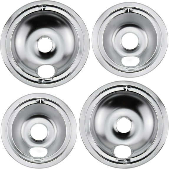 4 Pcs Stove Burner Drip Pans Chrome Replacement for Whirlpool Amana Maytag Magic-Chef Kenmore GE Electric Range  2 x 6" 2 x 8"