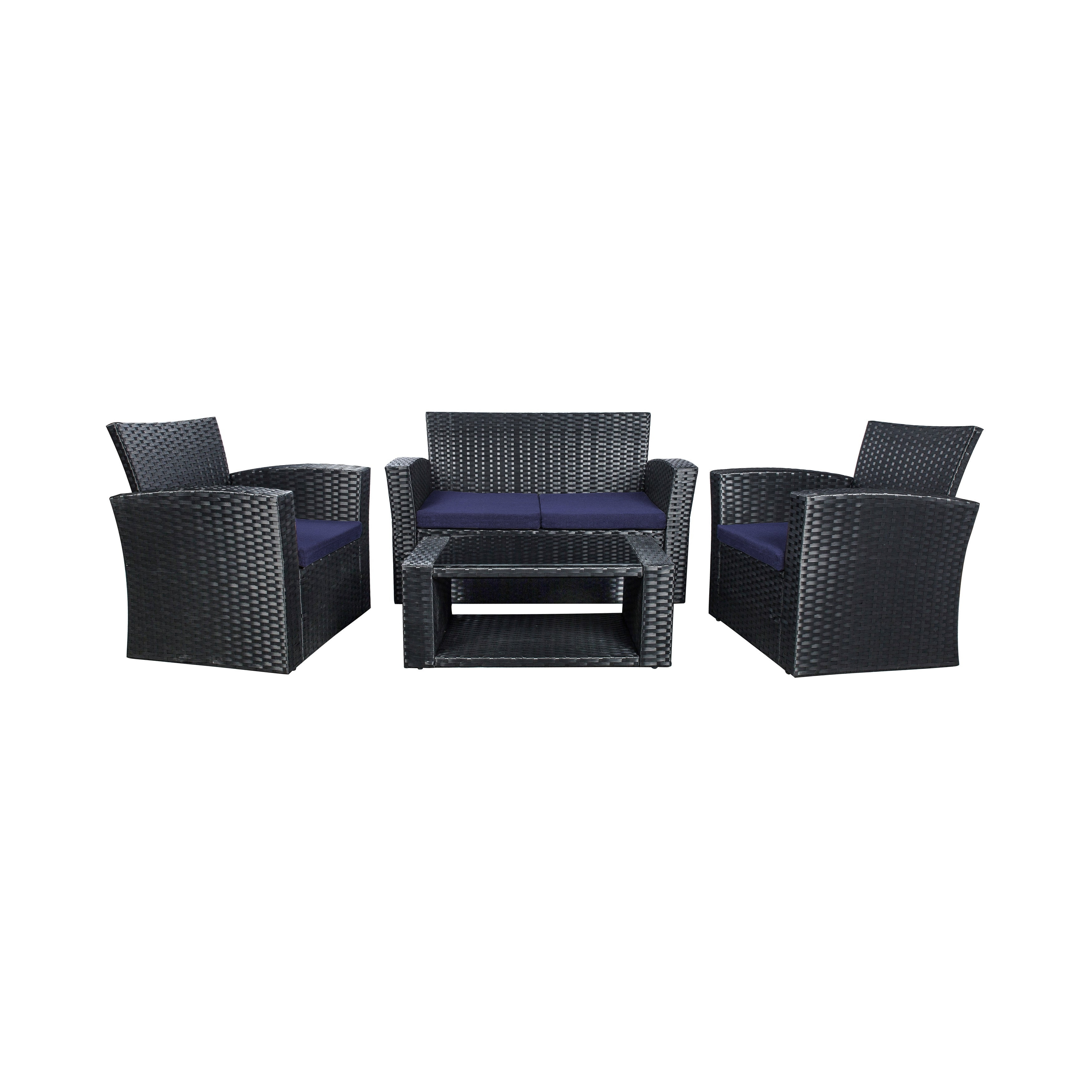 4-Piece Conversation Outdoor Patio Sofa Set with Cushions, Black/Navy Blue