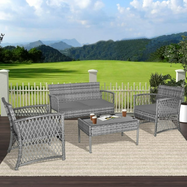4-Piece Outdoor Patio Conversation Set, Gray/Gray