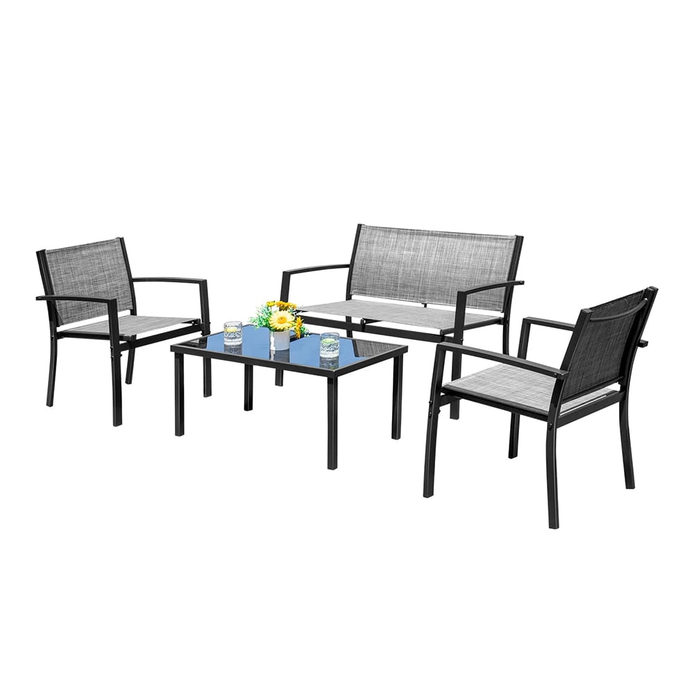 4 Pieces Patio Furniture Set Outdoor Garden Patio Conversation Sets, Poolside Lawn Chairs with Glass Coffee Table Porch Furniture, gRAY