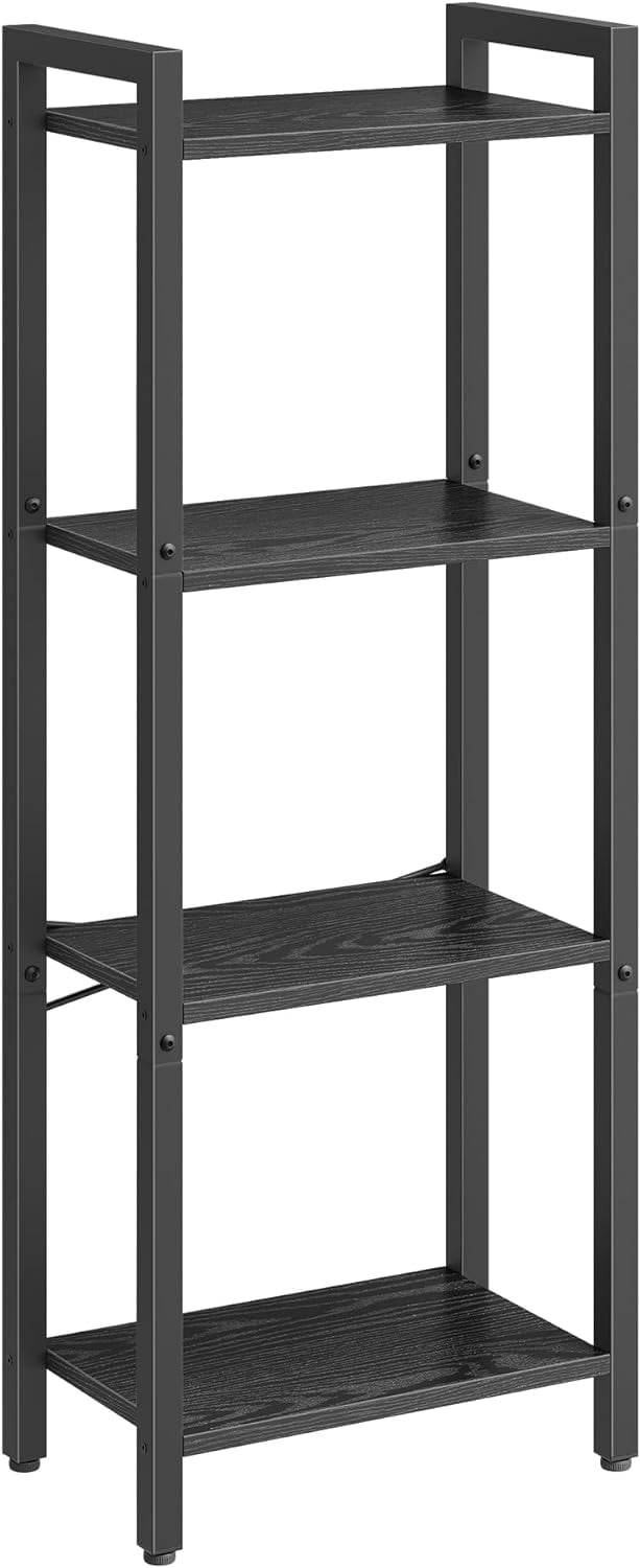 4-Tier Tall Bookshelf, Bookcase with Steel Frame, Book Shelf for Living Room, Home Office, Study, 9.4 x 15.7 x 42.1 Inches, Industrial Style, Ebony Black and Black ULLS099B56
