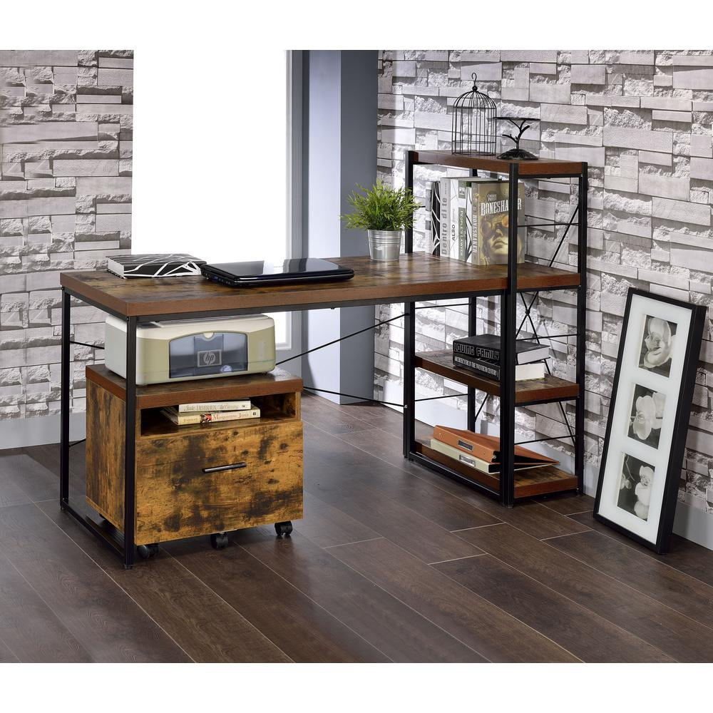 4 Tiered Metal Framed Wooden Bookshelf Weathered Oak Brown and Black - Saltoro Sherpi