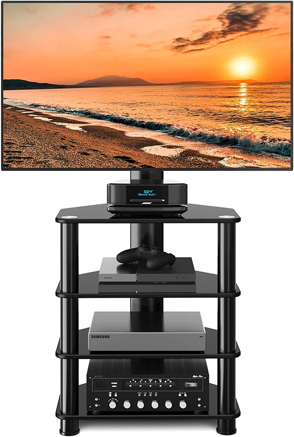 4-Tiers Media Component TV Stand with Swivel Mount Audio Shelf and Height Adjustable Bracket, Black Floor TV Stand for 32-70 Inch LCD LED OLED Flat/Curved Screen TVs
