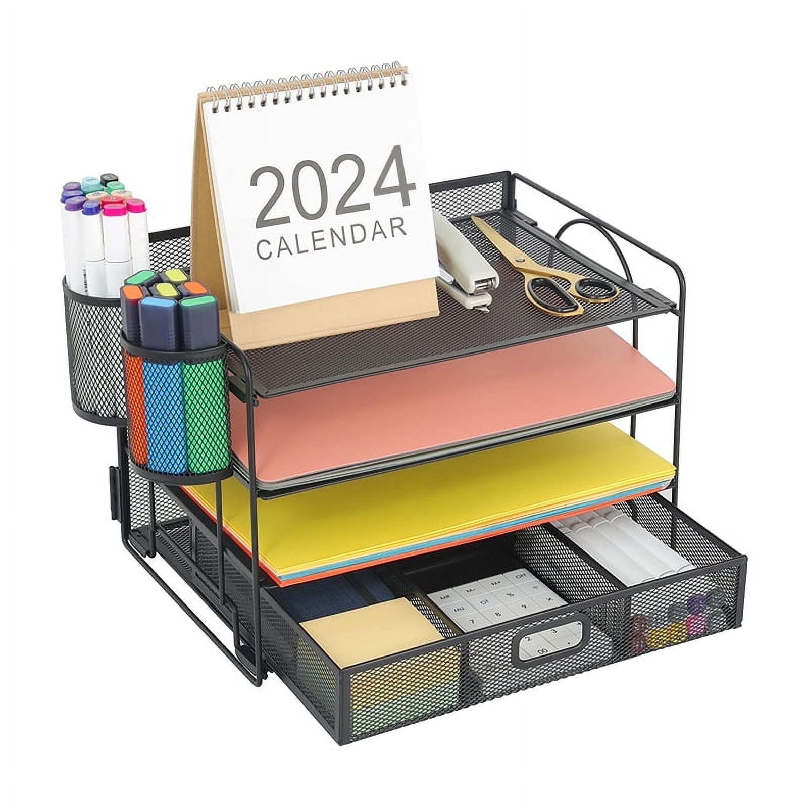 Marbrasse 4-Trays Desktop File Organizer with Pen Holder,Paper Letter Tray with Drawer and 2 Pen Holder
