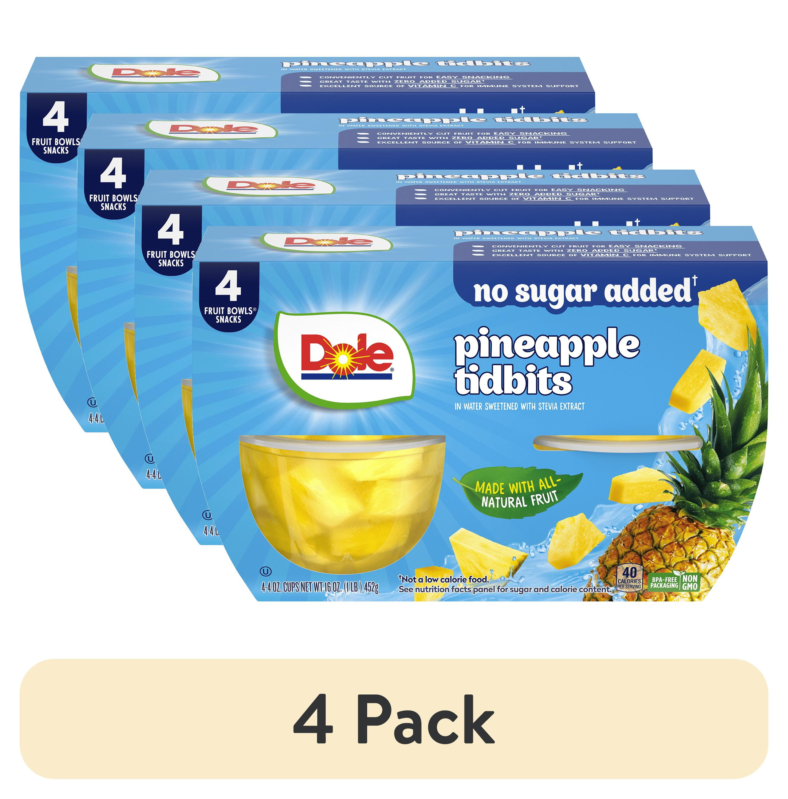 Dole Fruit Bowls No Sugar Added Pineapple Tidbits in Water, 4 oz Cups (4 Pack)