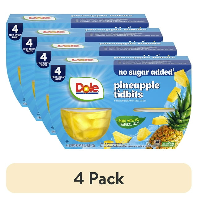 Dole Fruit Bowls No Sugar Added Pineapple Tidbits in Water, 4 oz Cups (4 Pack)
