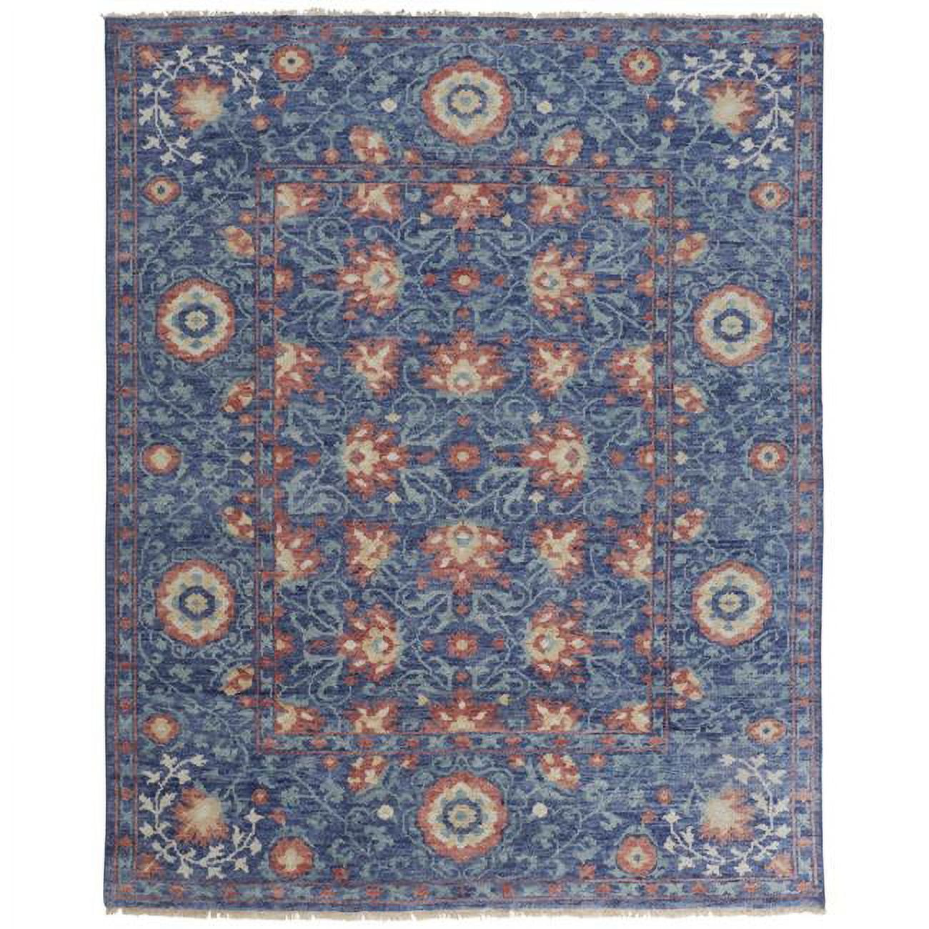 HomeRoots 4' X 6' Blue And Red Wool Floral Hand Knotted Stain Resistant Area Rug