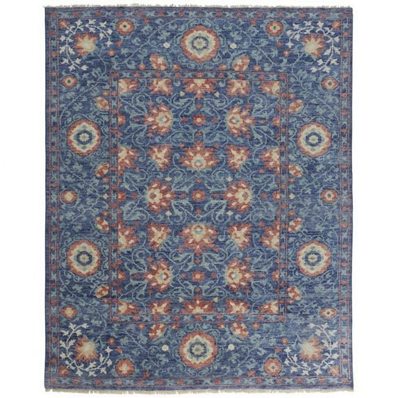 HomeRoots 4' X 6' Blue And Red Wool Floral Hand Knotted Stain Resistant Area Rug