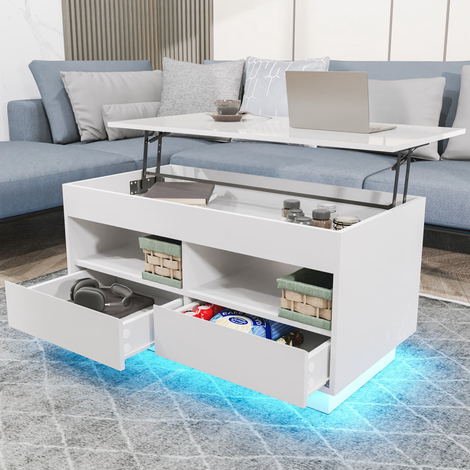 40" Modern Lift Top Coffee Table with Hidden Compartment White Coffee Table with LED Lights High Gloss Cocktail End Table with Open Shelf