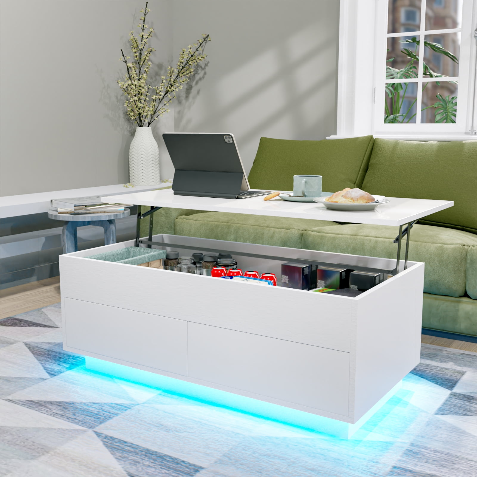 40" Modern Lift Top Coffee Table with Hidden Compartment White Coffee Table with LED Lights High Gloss Cocktail End Table with Open Shelf