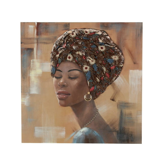 40" x 40" Unframed Woman Wall Art with 3D Fabric Headwear And Gold Jewels, by DecMode
