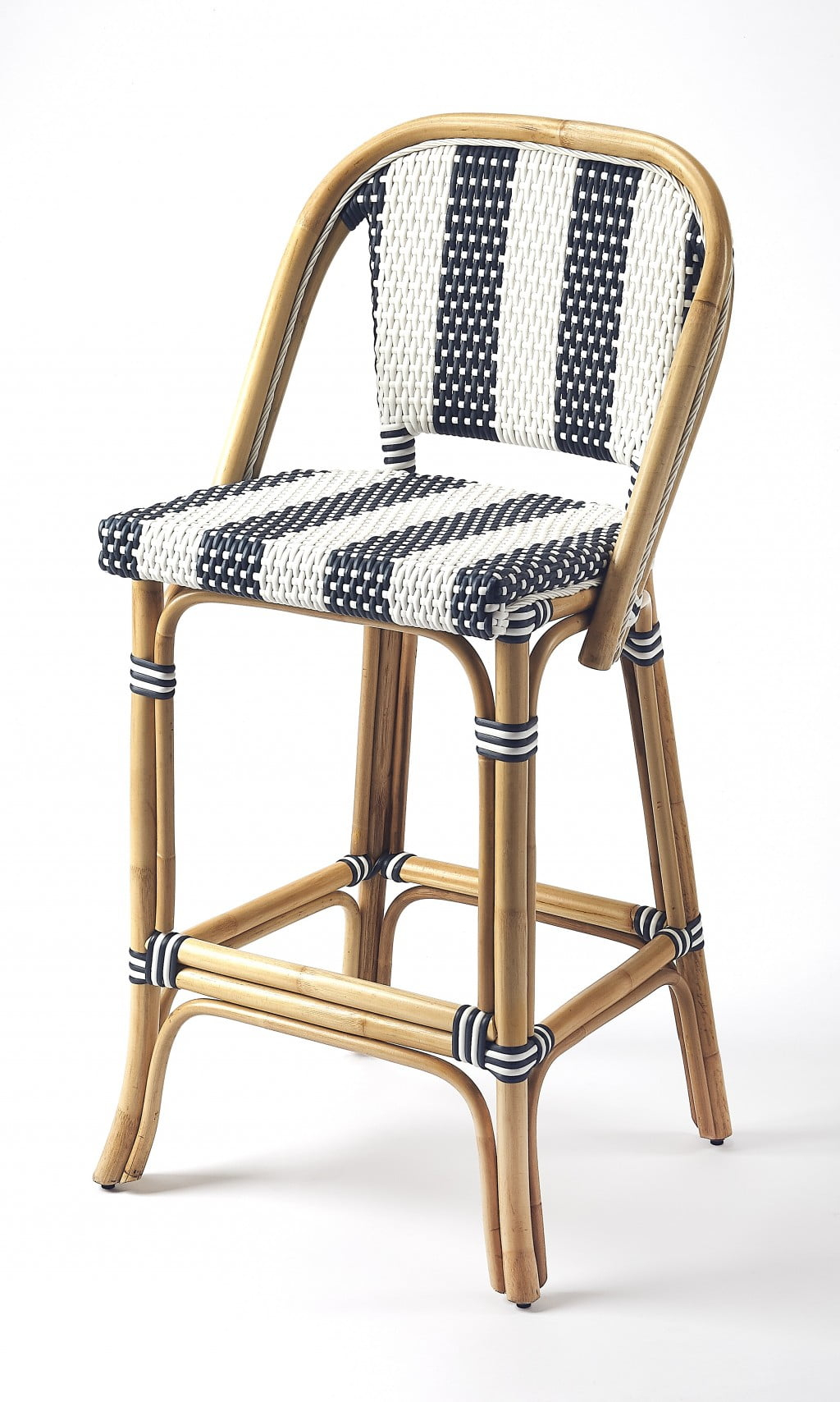 Butler Specialty Lila Stripe Rattan Bar Stool In Blue And White