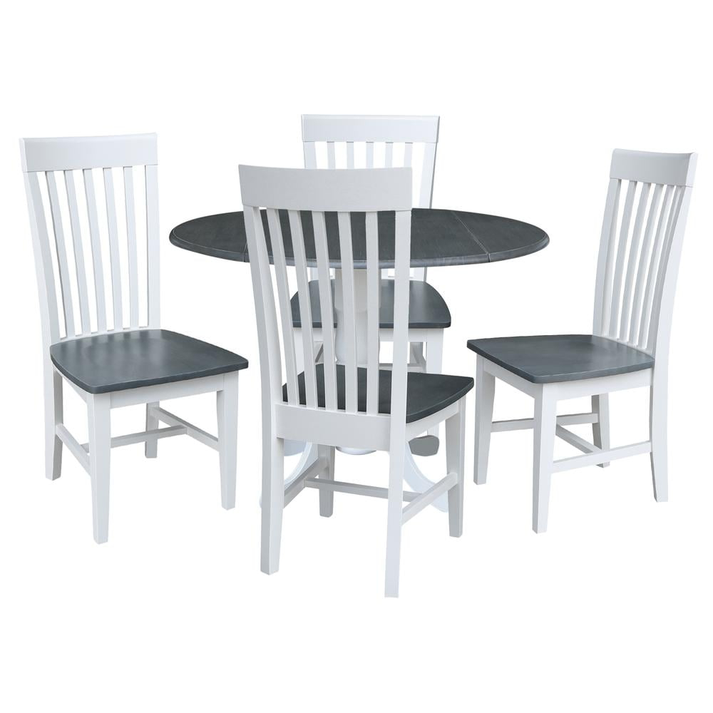 42 in. Drop Leaf Wood Dining Table with 4 Slat Back Chairs in White/Heather Gray