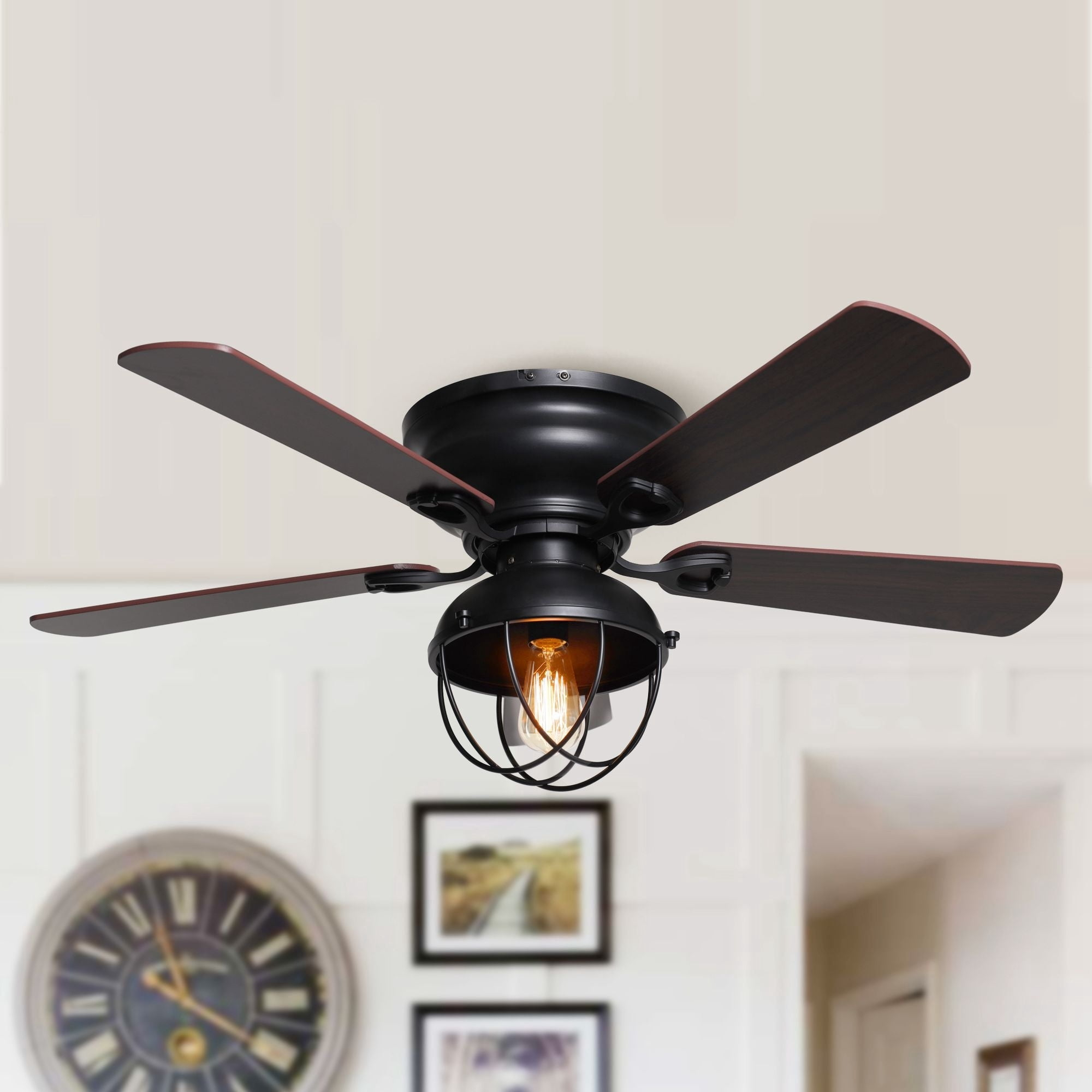 42-in Industrial 5-Blade Matte Black Low Profile Flush Mount Ceiling Fan with Light Kit and Remote - 42 Inches