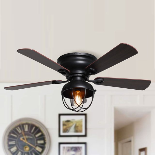 42-in Industrial 5-Blade Matte Black Low Profile Flush Mount Ceiling Fan with Light Kit and Remote - 42 Inches