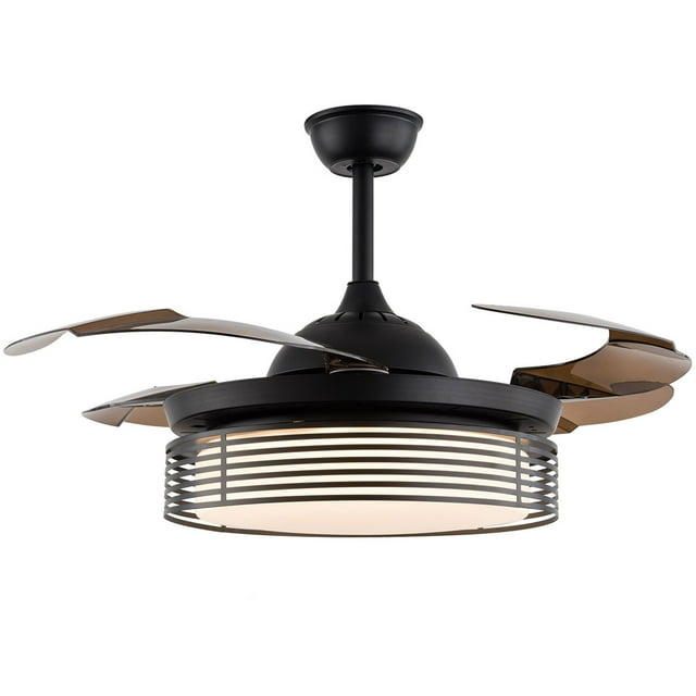 42 inch Modern Ceiling Fan with Light Remote Contro, 4-Blades Retractable LED Chandelier Fan Ceiling Light Fixture for Dining Room Living Room Black