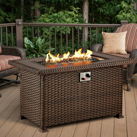 Gyutei44-in Rectangle 50,000 BTU PE Rattan Propane Fire Pit Table with Lid, Non-Glass Wind Cover