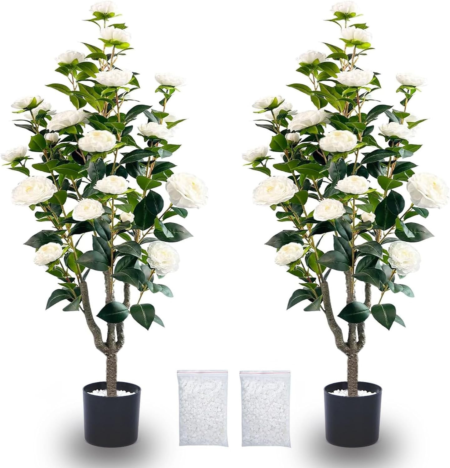 45" Artificial Camellia Tree 2 Pack Large Blooming Tree in Pot with White Flowers, 3.75ft Faux Floral Camellia Plants Fake Greenery Potted Tree for Indoor, Outdoor, Home,Office