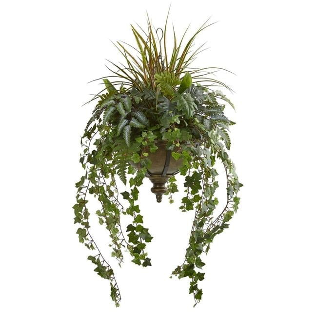 Nearly Natural 45” Ivy and Mix Greens Artificial Plant in Hanging Metal Bowl