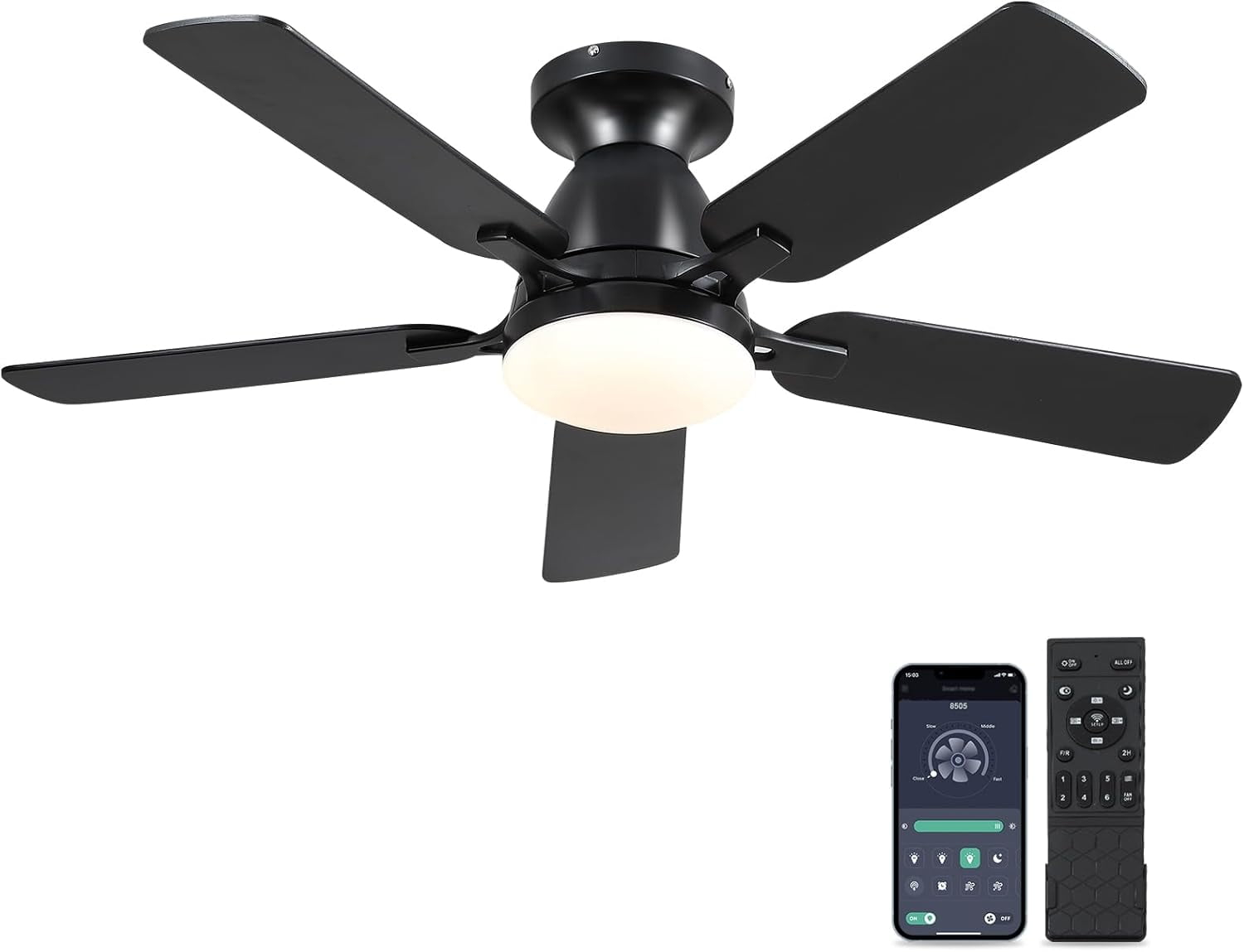 46" Low Profile Indoor Ceiling Fan with Light and Remote/APP Control, Flush Mount, LED Dimmable DC Reversible Modern Ceiling Fan for Bedroom - Black