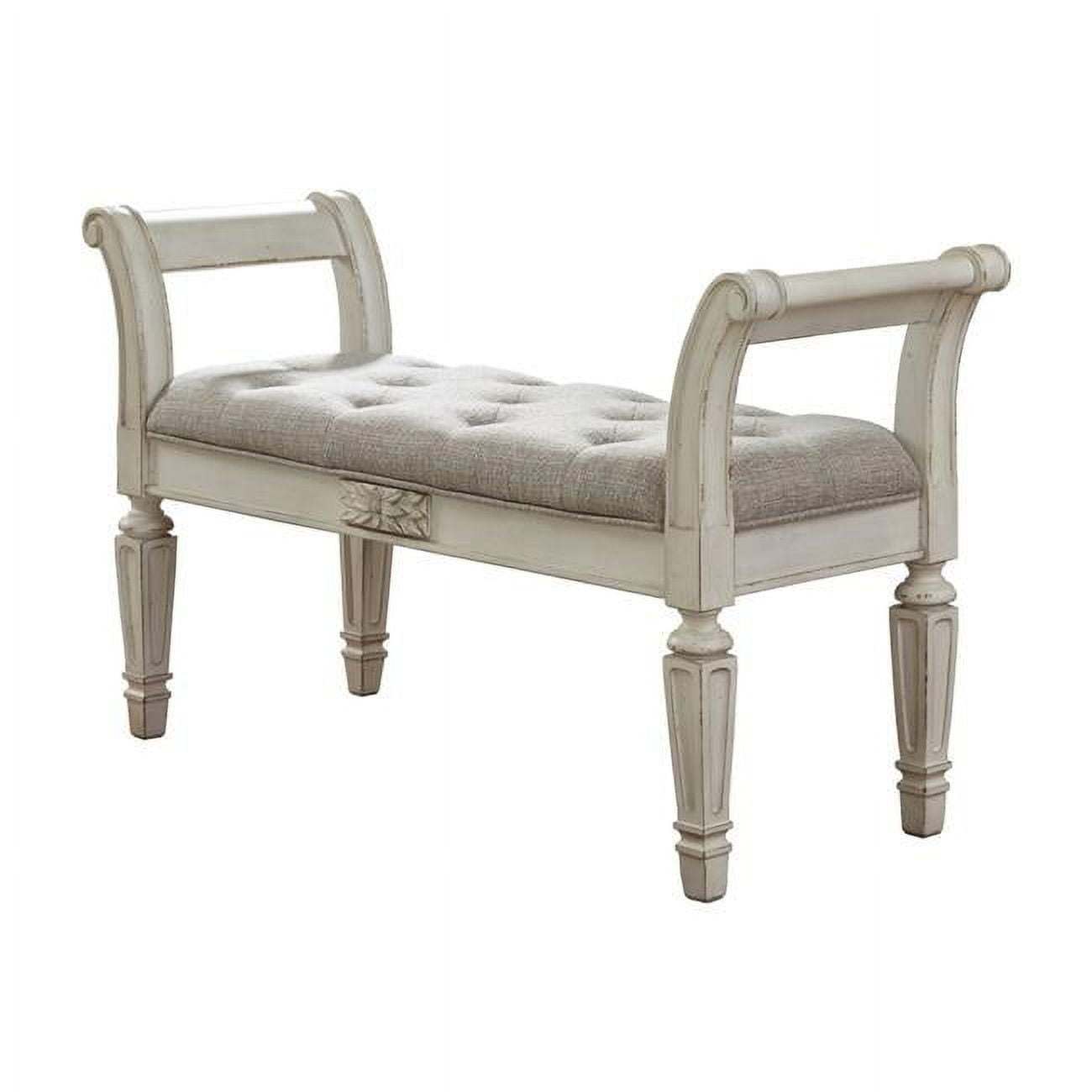 46 in. Tufted Fabric Padded Wooden Accent Bench, Antique White
