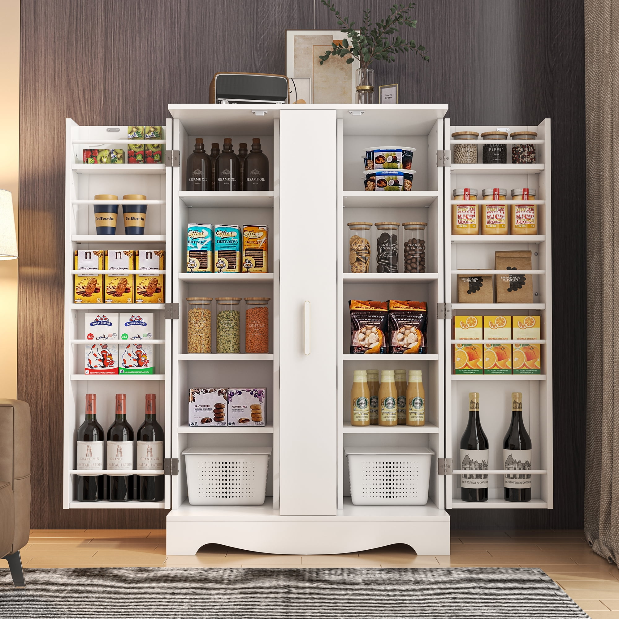 47” Pantry Storage Cabinet, Freestanding Kitchen Pantry Cabinet with Drawer and Adjustable Shelves, White Kitchen Pantry Storage Cabinet, Buffet Cupboards Sideboard for Home Office Use