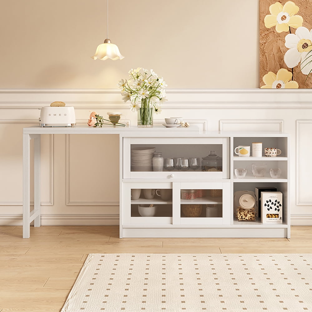 47" White Storage Sideboard Cabinet Extendable Wood Buffet Foldable Dining Table
