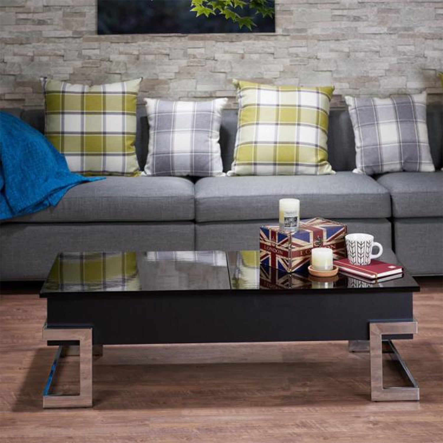 Home Roots Furniture  14-24 x 47 x 20 in. Particle Board & PVC Lift Top Coffee Table - Black & Chrome