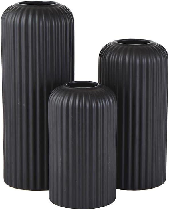 47th & Main Modern Flower Vases | Lined Ceramic Vases for Home Décor, Set of 3, Black