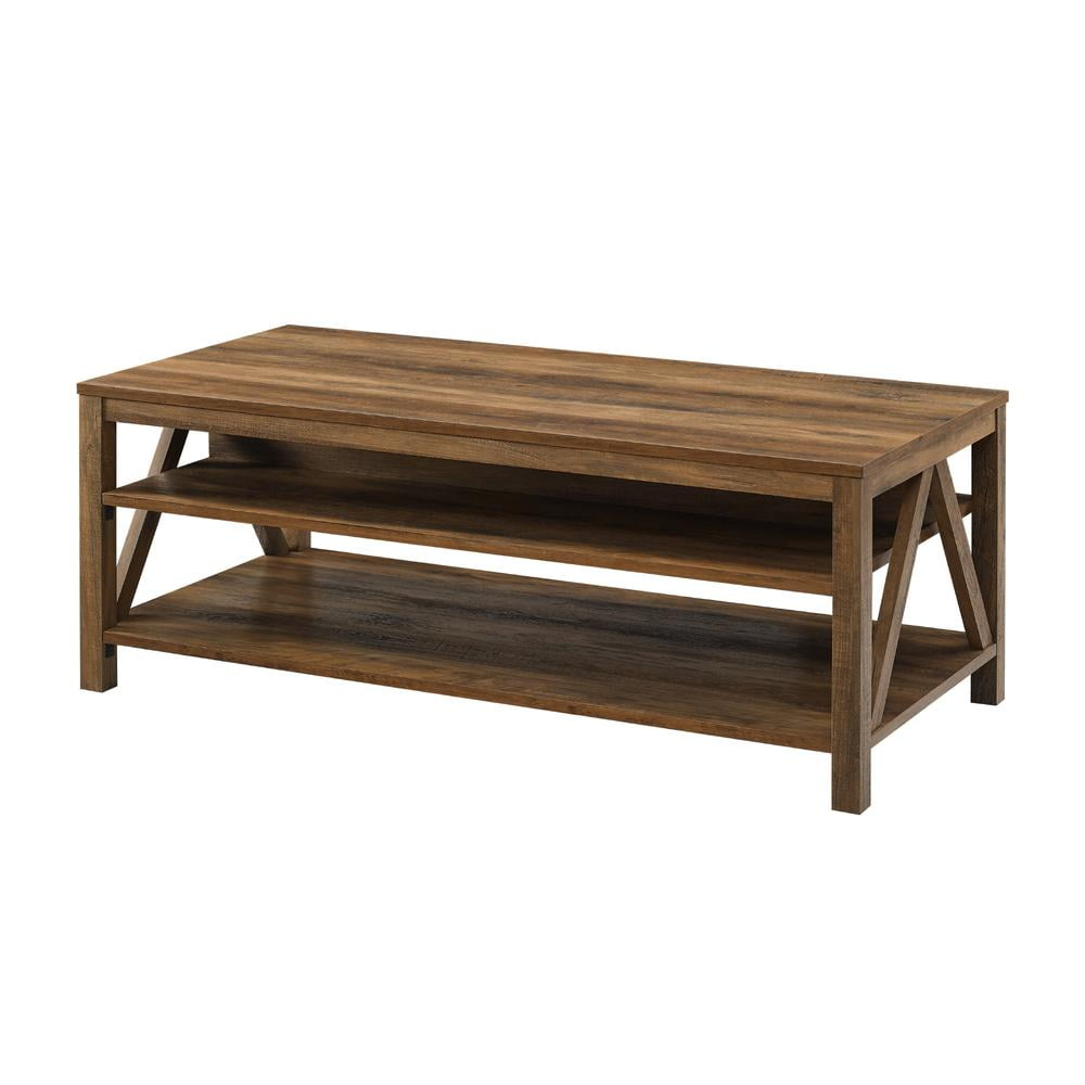 Walker Edison Modern Farmhouse A-Frame Wood Rectangle Coffee Table Living Room Ottoman Storage Shelf 48 Inch, Rustic Oak