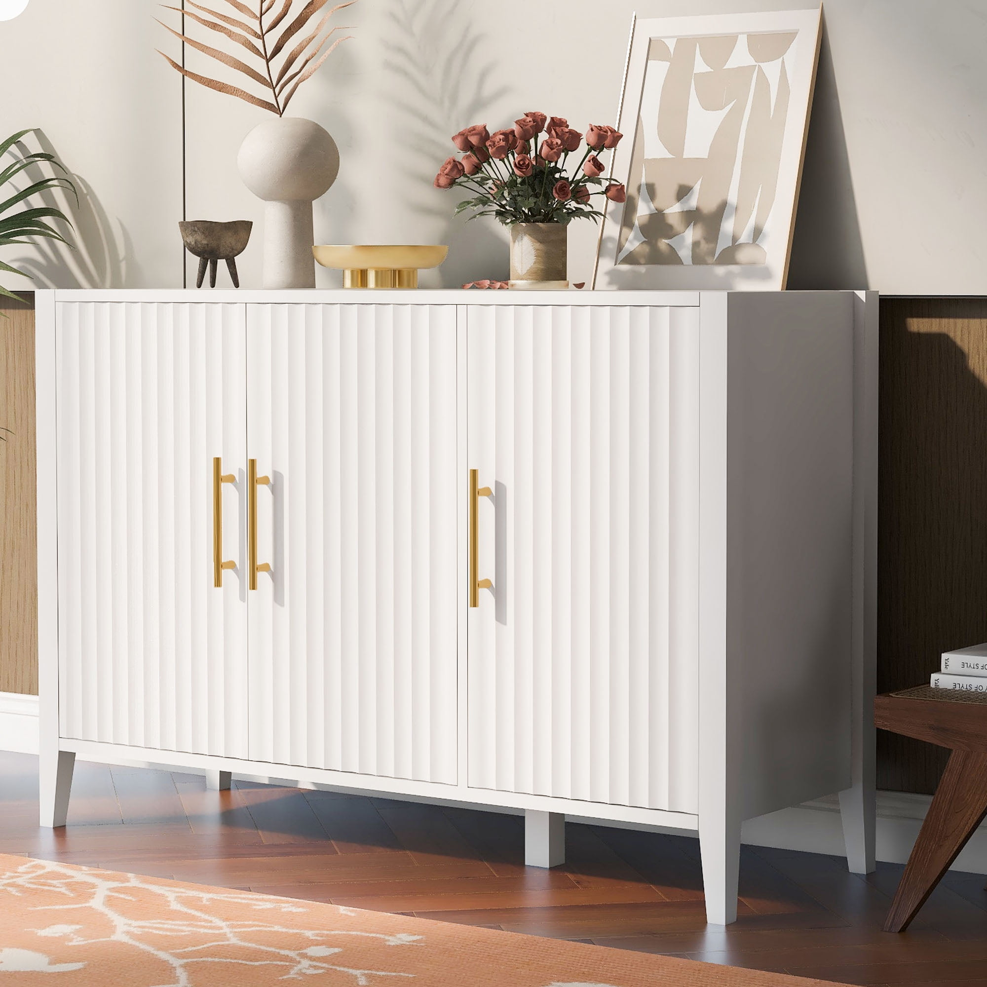 Lunale 48" 3-Door Storage Buffet Cabinet, Cabinet with Vertical Stripes Design Doors and Metal Handles for Living Room, White