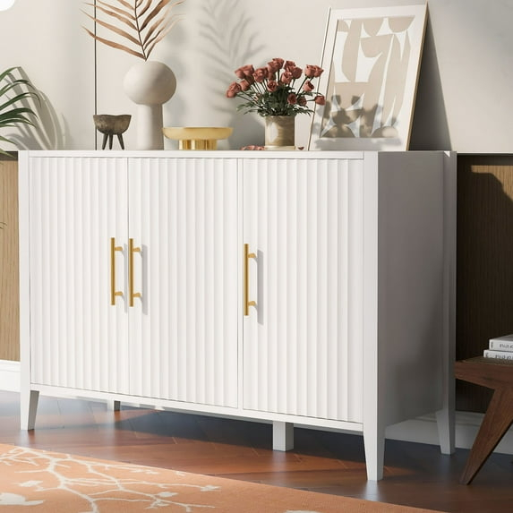 Lunale 48" 3-Door Storage Buffet Cabinet, Cabinet with Vertical Stripes Design Doors and Metal Handles for Living Room, White