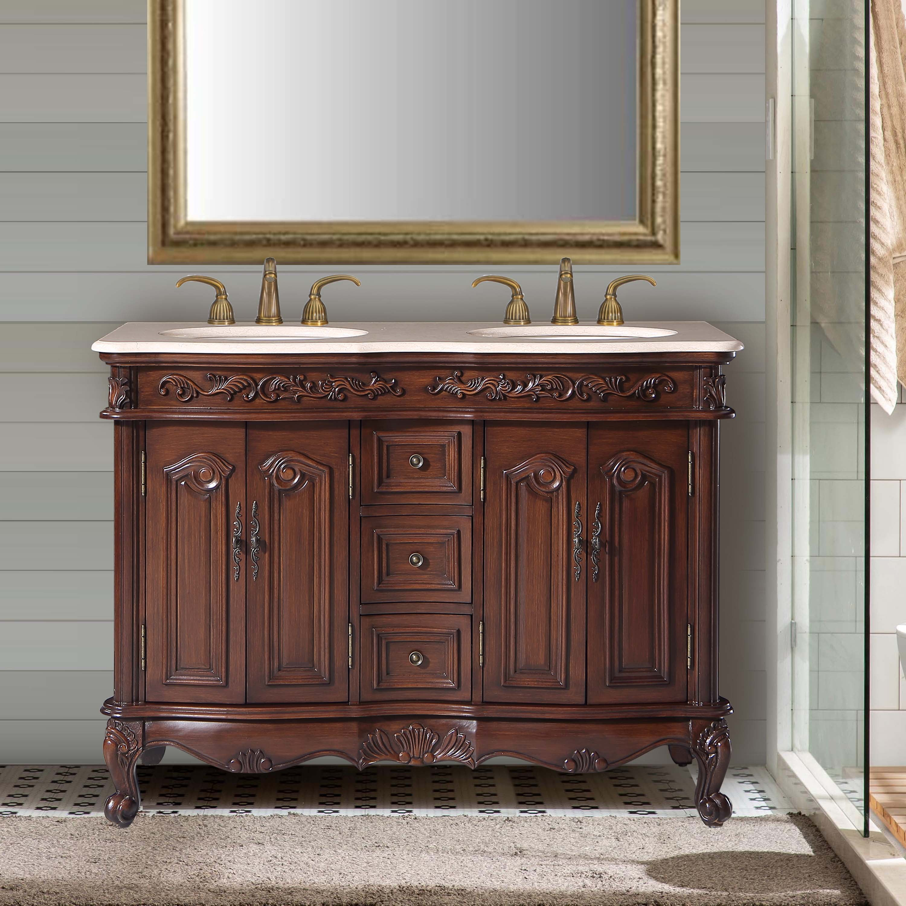 48" Cream Marfil Marble Counter Top Bathroom Vanity Double Sink Cabinet