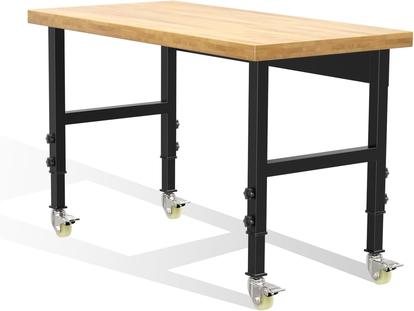 48” Heavy-Duty Solid Wood Work Bench Work Table with Wheels, Adjustable Height Portable Workbench with Power Outlets, 3000 Lbs Capacity Workstation for Garage, Workshop, Office, Shop, Outdoor