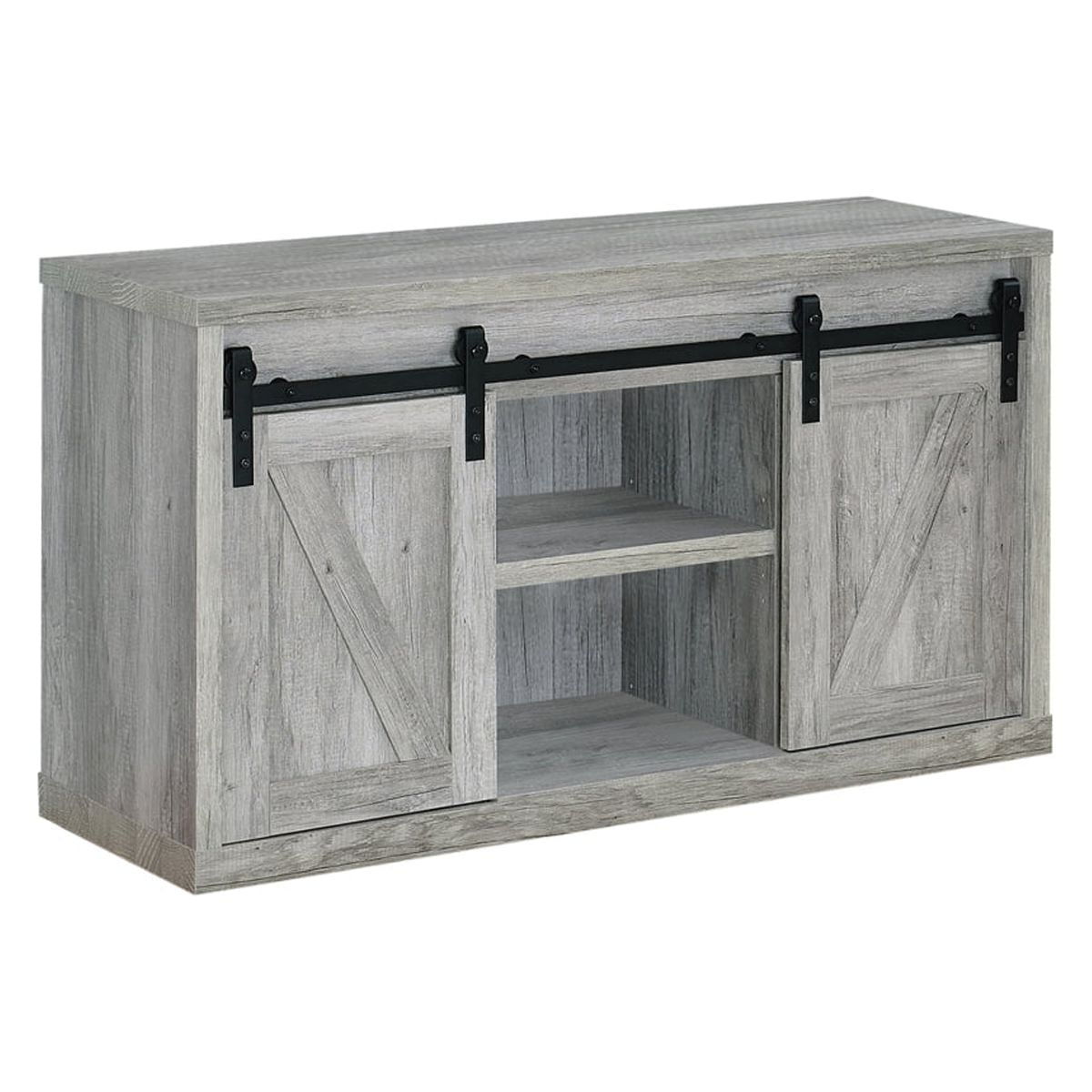 48 Inch Farmhouse Wooden TV Console With 2 Sliding Barn Doors Gray - Saltoro Sherpi