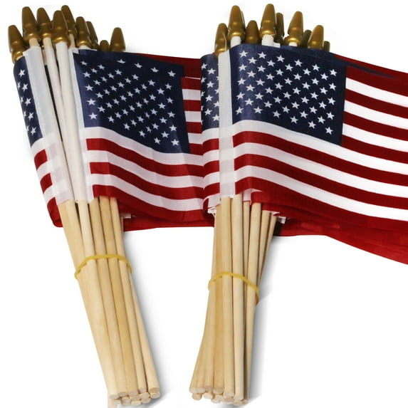 DizeyBoyo USA 4x6 in Wooden Stick Flag - July 4th Decoration, Veteran Party, Grave Marker, etc. - HandHeld American Flag (Pack of 50)